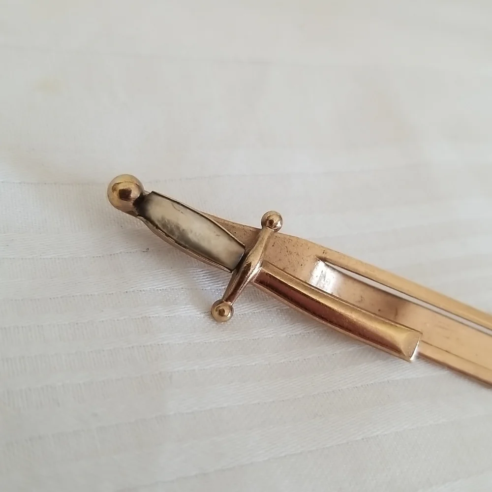 Vintage Swank Sword Tie Bar Clip Gold Mother of Pearl Handle